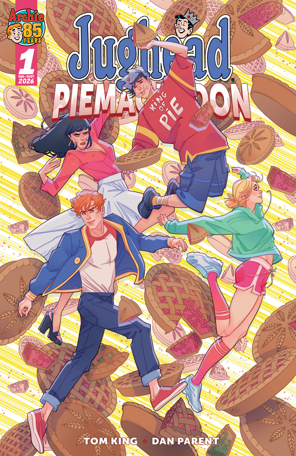 Variant cover of JUGHEAD: PIEMAGEDDON by Marguerite Sauvage. Archie, Betty, Jughead, and Veronica, are floating through a barrage of flying cherry pies. Jughead is wearing a shirt that reads: King of Pie. He's also eating a slice.
