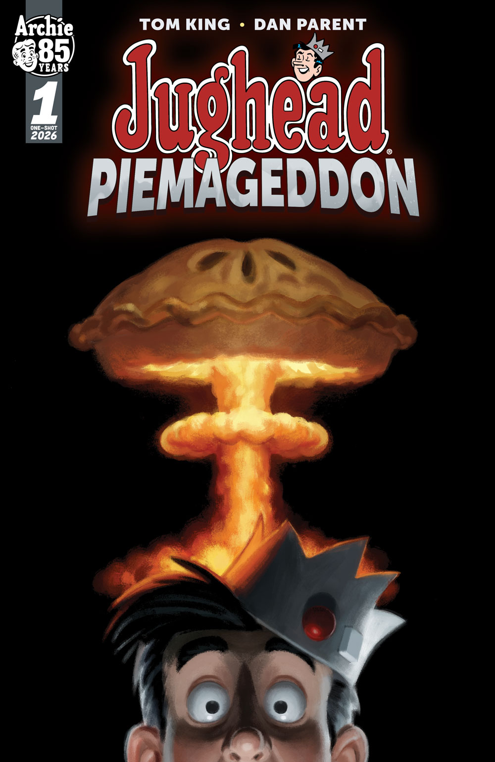 Variant cover of JUGHEAD: PIEMAGEDDON by Greg Smallwood. Jughead, in the extreme foreground, looks worriedly at the viewer while an explosive mushroom cloud goes up behind him against a black bakcground. The top of the cloud is in the shape of a gigantic pie.