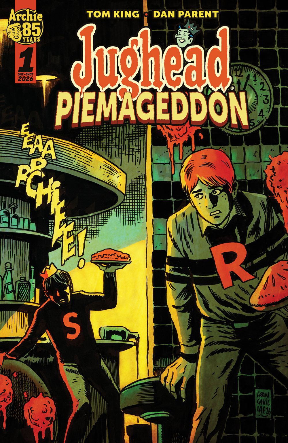 Variant cover of JUGHEAD: PIEMAGEDDON by Francesco Francavilla. Jughead is stalking Archie in a diner, threatening him with a pie while saying, "Eeeaaarrchieee!" in a stylized scary typeface. Archie hides behind a wall holding a pie of his own with an anxious look on his face.