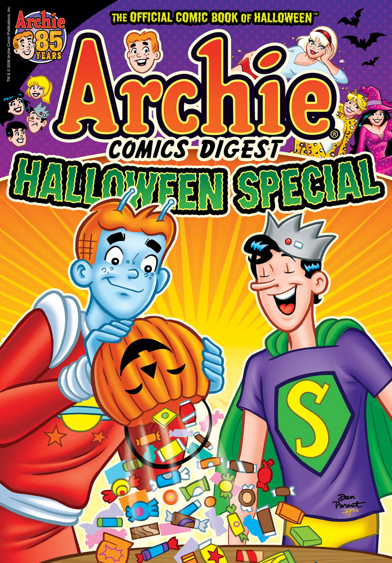 Cover of ARCHIE COMICS DIGEST: HALLOWEEN SPECIAL. Archie, in a Cosmo the Mighty Martian costume, and Jughead, in his Captain Hero superhero costume, empty out a plastic jack-o-lantern Halloween pail full of candy. The cover line reads: The Official Comic Book of Halloween