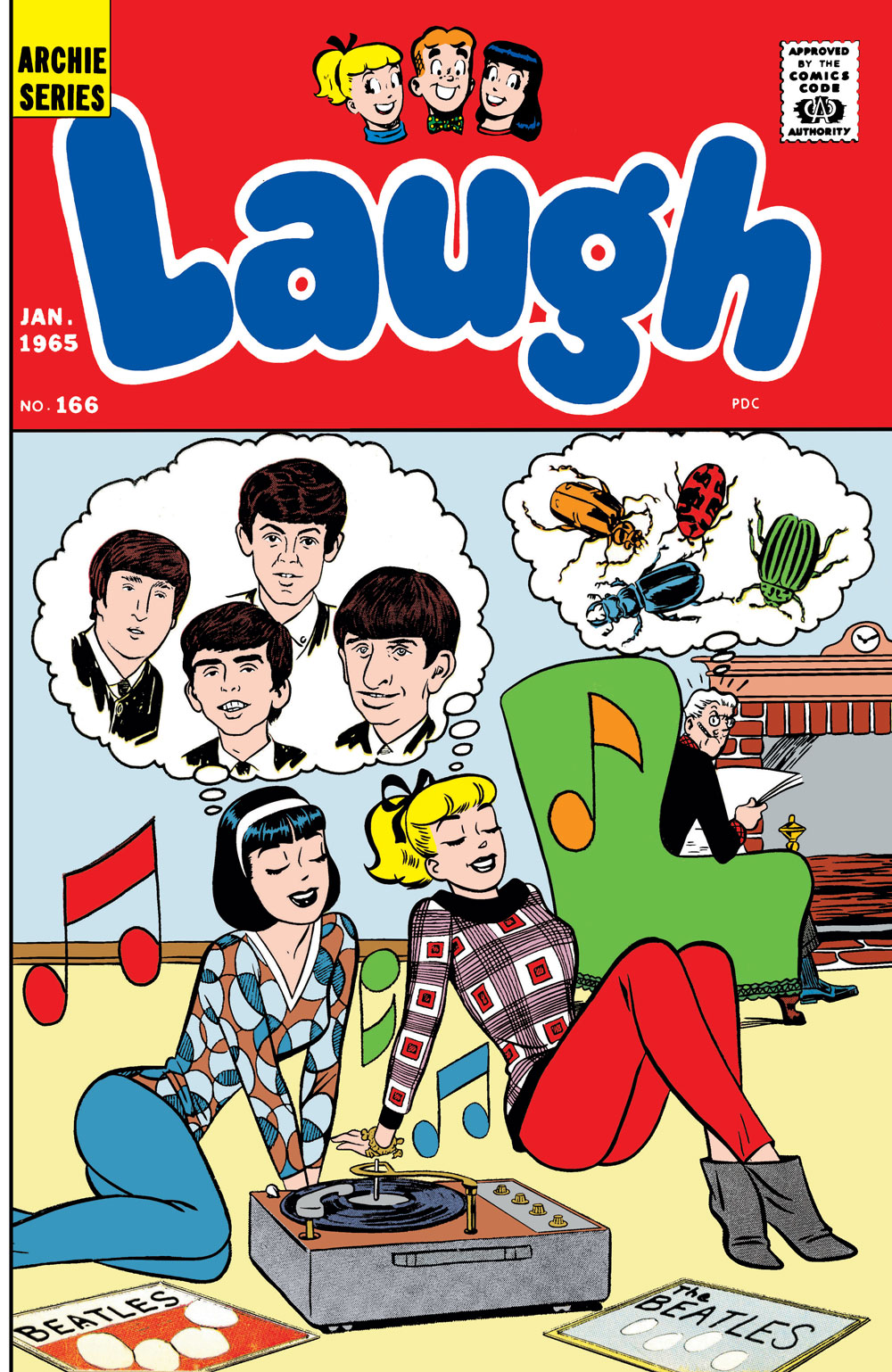 Main cover of the LAUGH #166 Facsimile Edition. Betty and Veronica are sitting on the floor listening to Beatles records on a portable turntable. They're sharing a thought balloon with an image of the Beatles band members. In the background, Mr. Lodge is trying to read his newspaper in a green easy chair by the fireplace. He's looking angrily over his shoulder at the girls, with a thought balloon showing pictures of real beetles, the insects.