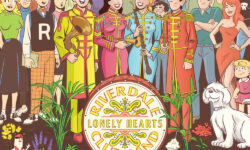 B variant cover of the LAUGH #166 Facsimile Edition. It's designed to look like the Beatles' SGT. PEPPER album cover, with Archie, Veronica, Betty, and Jughead as the Beatles in colorful marching band costumes, standing behind a bass drum with the words RIVERDALE LONELY HEARTS CLUB BAND stamped on it. In the foreground is a bed of flowers spelling out THE ARCHIES. Over a dozen supporting characters stand behind them, including Josie, Sabrina, Kevin, Dilton, Reggie, Moose, and many more, including alternate versions of the main cast from different time periods.