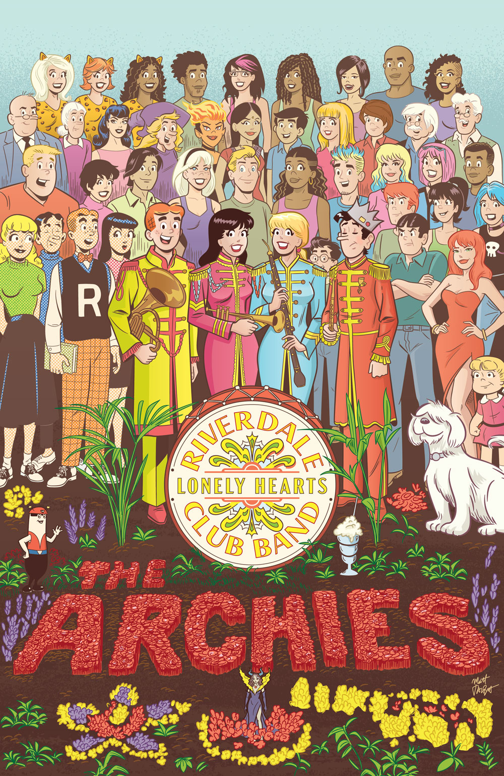 B variant cover of the LAUGH #166 Facsimile Edition. It's designed to look like the Beatles' SGT. PEPPER album cover, with Archie, Veronica, Betty, and Jughead as the Beatles in colorful marching band costumes, standing behind a bass drum with the words RIVERDALE LONELY HEARTS CLUB BAND stamped on it. In the foreground is a bed of flowers spelling out THE ARCHIES. Over a dozen supporting characters stand behind them, including Josie, Sabrina, Kevin, Dilton, Reggie, Moose, and many more, including alternate versions of the main cast from different time periods.
