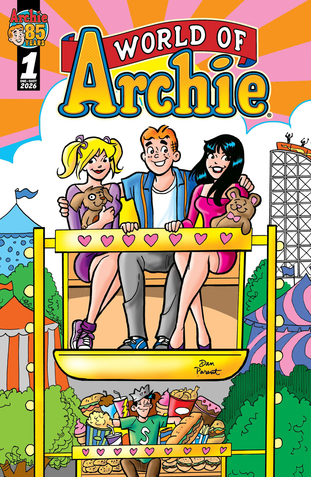 Cover of the WORLD OF ARCHIE (2026) one-shot comic book. Archie, Betty, and Veronica are at the top of a ferris wheel at an amusement partk, with tents and roller coasters behind them. In the car below them, Jughead sits by himself surrounded by tons of food including burgers, submarine sandwiches, popcorn, and fried chicken.